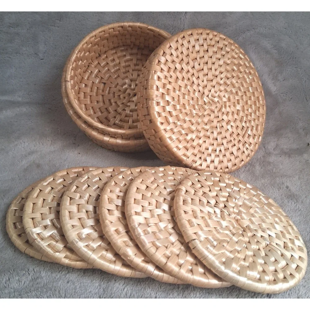 Vintage Handwoven Rattan Coaster Set of 6 with Round Lidded Basket Holder Boho